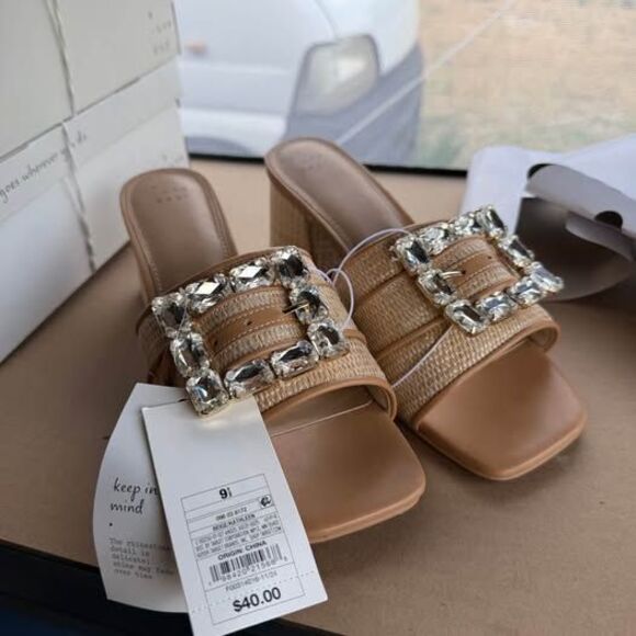 Shoes - A New Day Kathleen Rhinestone Buckle Heeled Mules